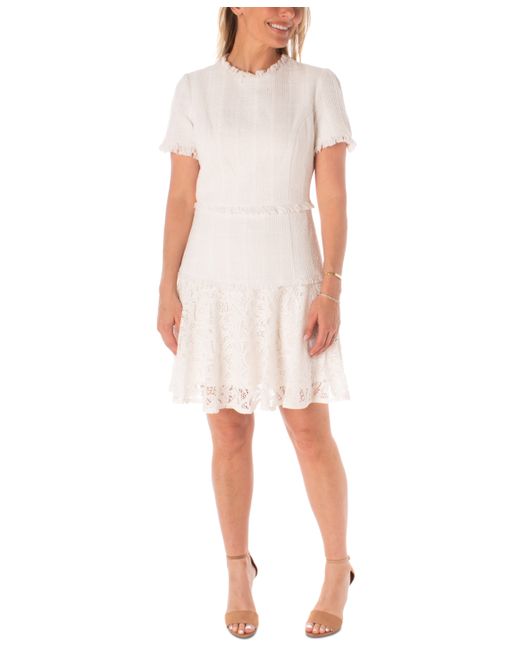 Maison Tara Boucle Lace-Trim Short-Sleeve Dress