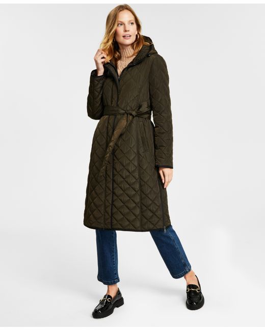 Dkny Hooded Belted Quilted Coat