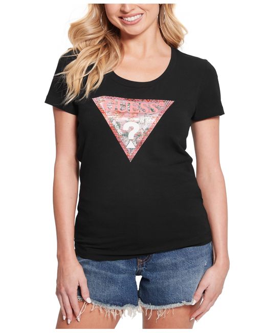 Guess Embellished Triangle Logo Scoop-Neck T-Shirt