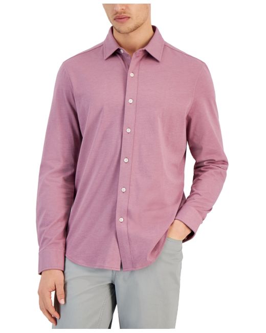 Alfani Classic-Fit Heathered Jersey-Knit Button-Down Shirt Created for Macy