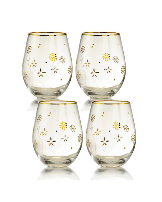 Qualia Glass Plum Blossom Stemless 19 oz Wine Glasses Set of 4 Gold