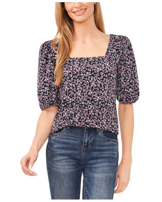 Cece Floral Print Square Neck Puff-Sleeve Knit Top