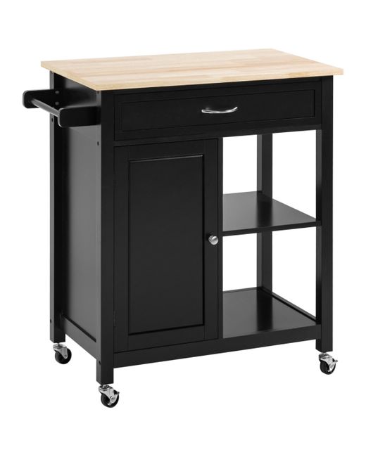 Homcom Kitchen Trolley Wood Top Utility Cart on Wheels with Open Shelf and Storage Drawer for Dining Room