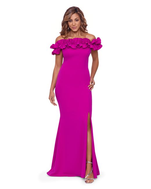 Xscape Petite Ruffled Off-The-Shoulder Gown