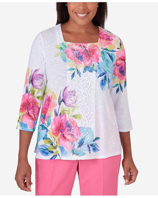 Alfred Dunner Paradise Island Long Sleeve Flower Lace Top