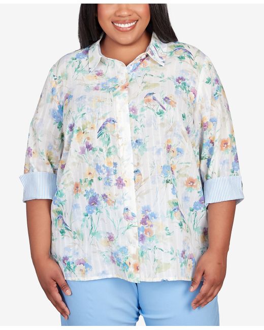 Alfred Dunner Plus Classic Pastels Painted Birds Button Down Top