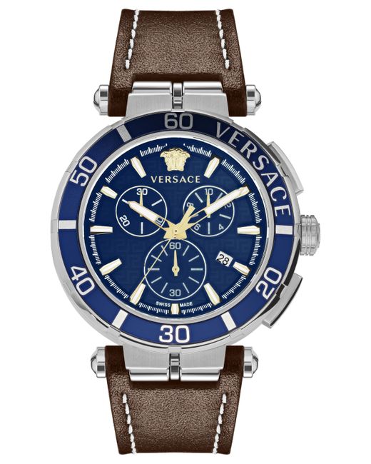 Versace Swiss Chronograph Greca Brown Leather Strap Watch 45mm