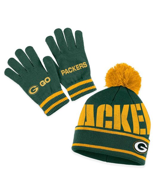 Wear By Erin Andrews Bay Packers Double Jacquard Cuffed Knit Hat with Pom and Gloves Set