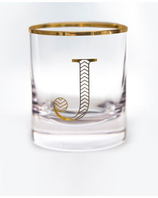 Qualia Glass Monogram Rim and Letter J Double Old Fashioned Glasses Set Of 4