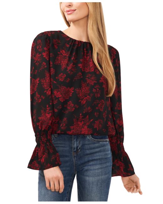 Cece Floral Print Crew Neck Long Sleeve Smocked Cuff Blouse