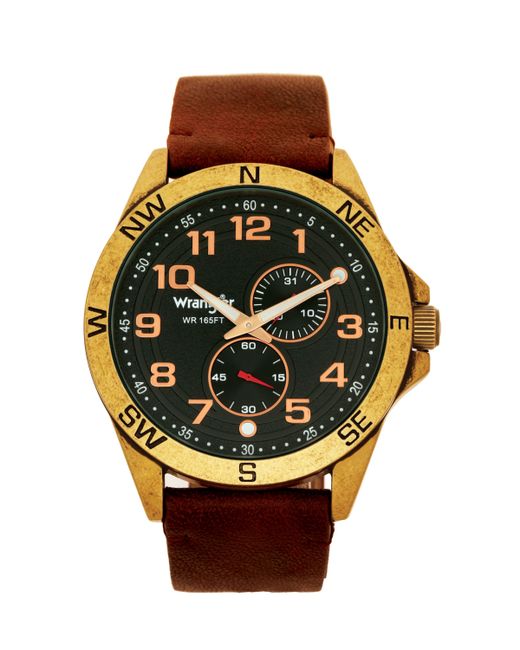 Wrangler Watch 48MM Antique Brass Plated Case Compass Directions on Bezel Black Dial Antiqued Arabic Numerals Multi Function Date and Secon