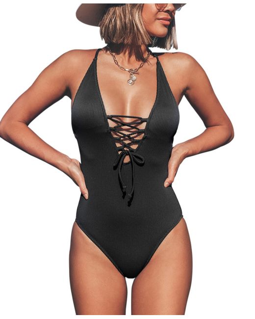 Cupshe Solid V Neck Lace Up One Piece Swimsuit