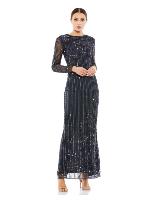Mac Duggal Embellished High Neck Illusion Long Sleeve Gown