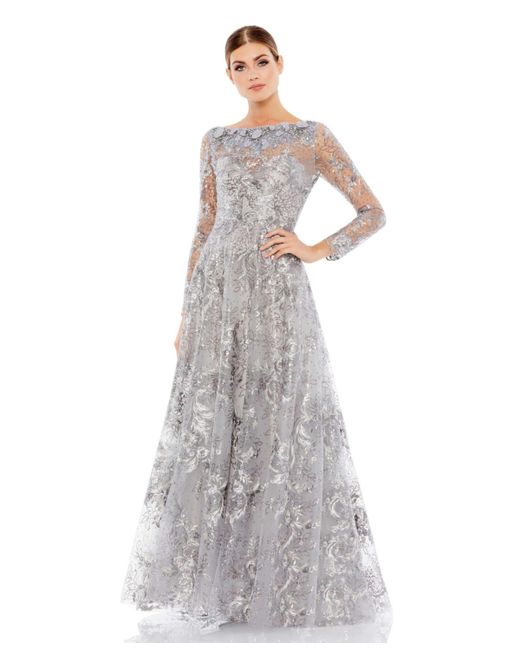 Mac Duggal Embroidered Illusion Long Sleeve Gown