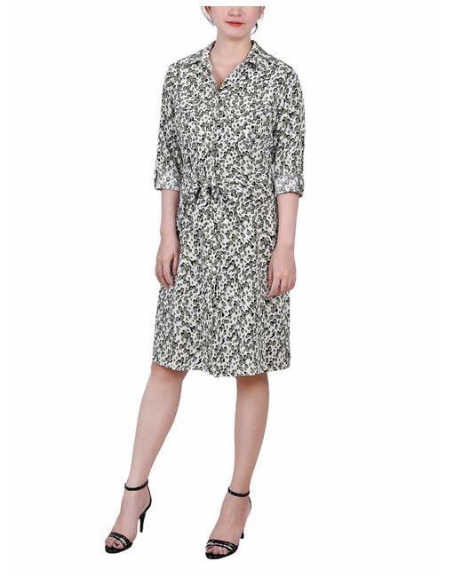 Ny Collection Petite Printed Long Sleeve Roll Tab Shirtdress