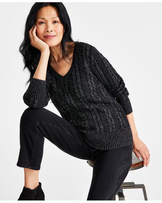 Style & Co V-Neck Shine Cable-Knit Long-Sleeve Sweater Regular Petite Created for