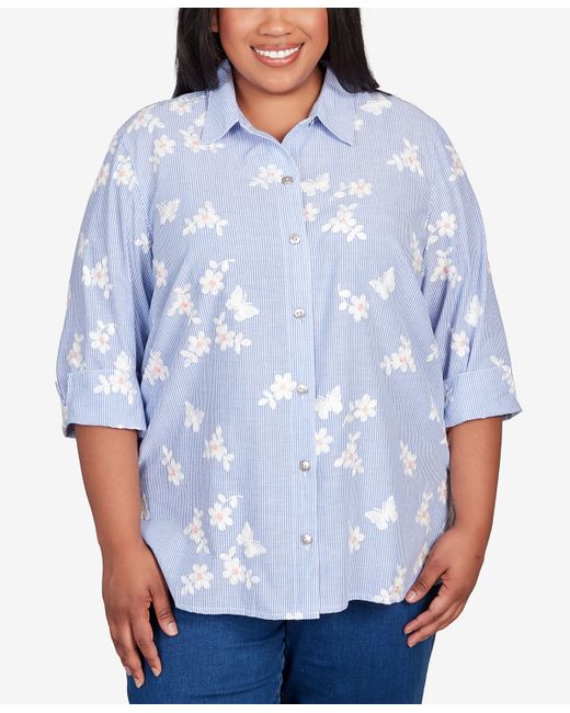 Alfred Dunner Plus Full Bloom Embroidered Butterfly Stripe Button Down Top
