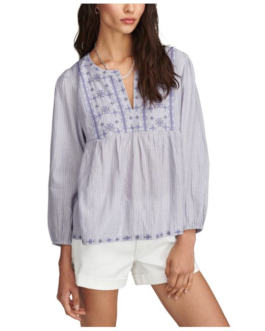 Lucky Brand Striped Cotton Notched-Neck Peasant Blouse
