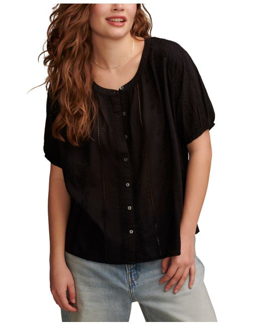 Lucky Brand Cotton Embroidered Smocked-Shoulder Top