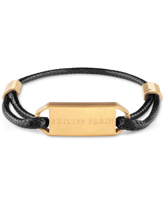 Philipp Plein Gold-Tone Ip Stainless Steel Logo Tag Braided Leather Bracelet