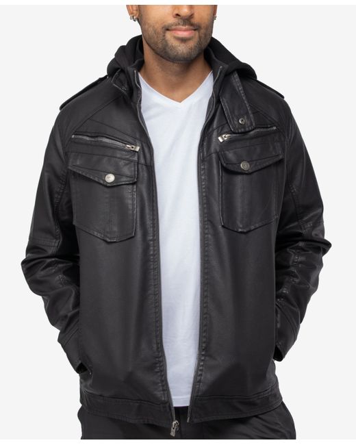 X-Ray Grainy Polyurethane Hooded Jacket with Faux Shearling Lining