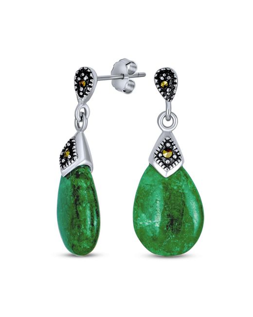 Bling Jewelry Bali Marcasite Accent Pear Shaped Gemstone Chandelier Dangle Teardrop Genuine Jade Drop Earrings For Two Tone Oxidized.925 Sterling Silver