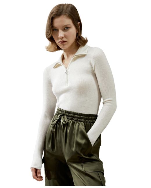 LilySilk Gaia Ribbed Half Zip Ultra-fine Wool Sweater