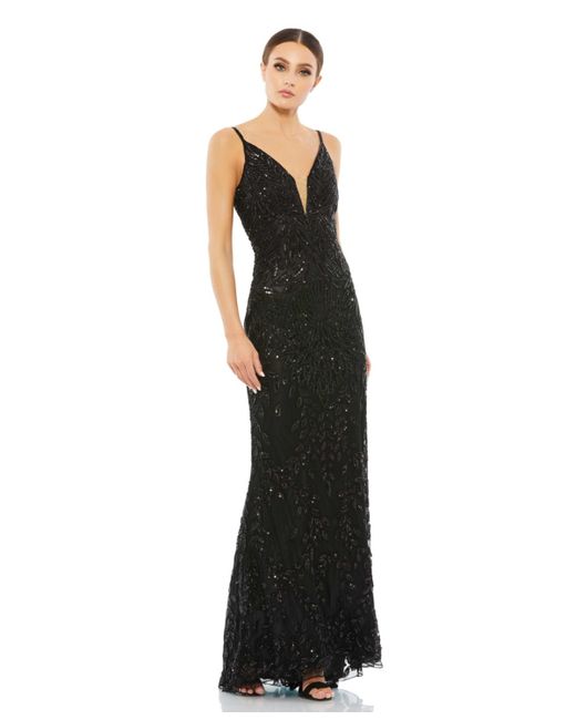 Mac Duggal Sequined Sleeveless Plunge Neck Trumpet Gown