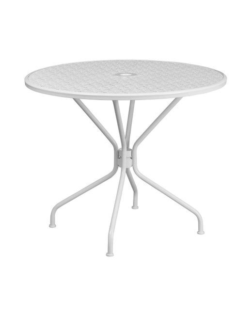 Emma+oliver Commercial Grade 35.25 Round Colorful Metal Garden Patio Table With Umbrella Hole