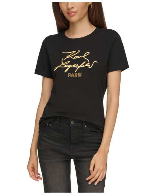 Karl Lagerfeld Metallic Logo Print T-Shirt Gold