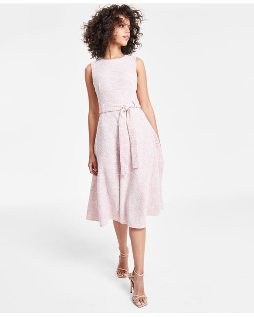 Calvin Klein Jewel-Neck Sleeveless Belted Tweed Midi Dress