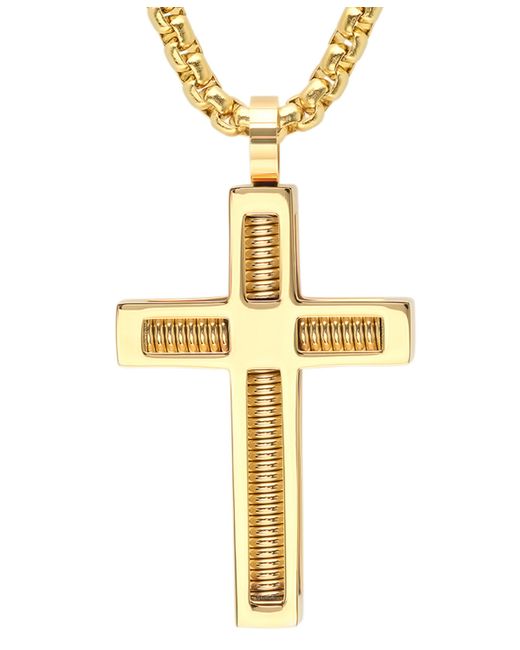 SteelTime 18k Plated Stainless Steel Spring Inlay Cross 24 Pendant Necklace