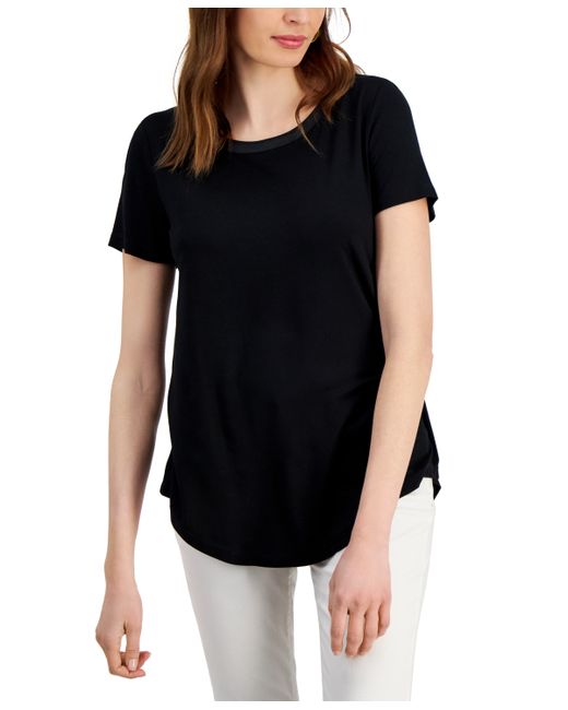 Jm Collection Satin-Trim Knit Short-Sleeve Top Created for Macy