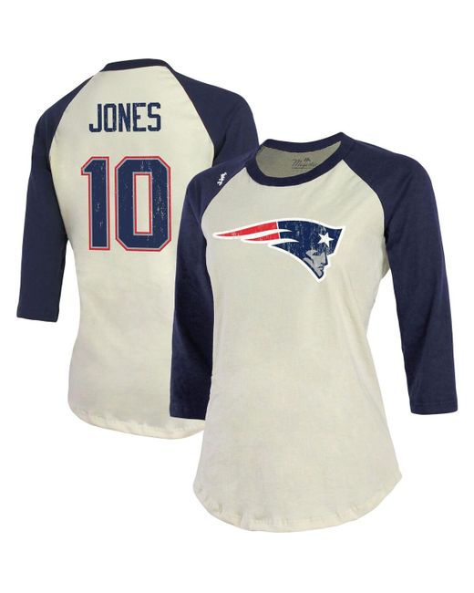 Majestic Threads Mac Jones Navy New England Patriots Player Name and Number Raglan 3/4-Sleeve T-shirt