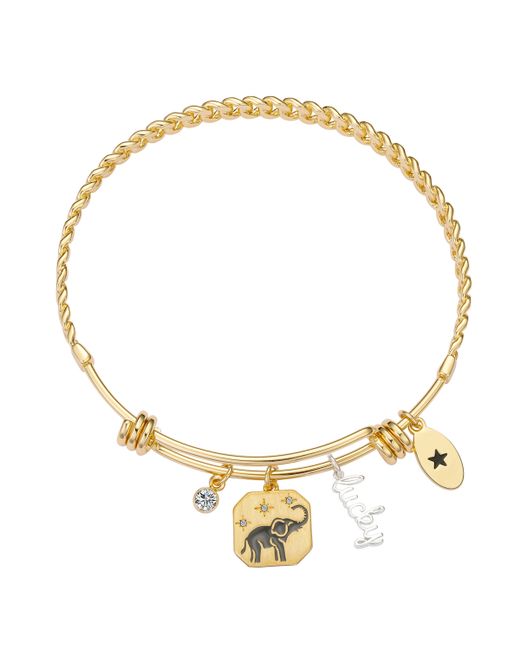 Unwritten 14K Gold Two Tone Flash-Plated Brass Cubic Zirconia Lucky Elephant Charms on A Link Design Bangle Bracelet Two-Tone