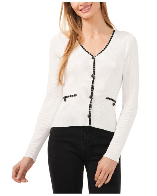 Cece Ribbed Contrast Stitch Beaded Button Cardigan