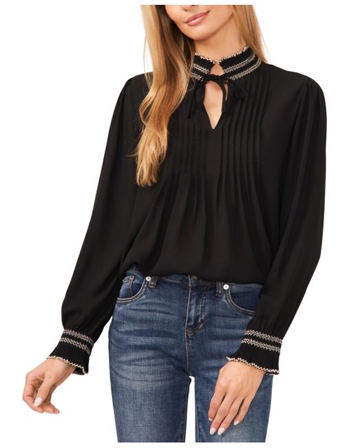 Cece Contrast Stitch Blouson Sleeve Pleated Front Top