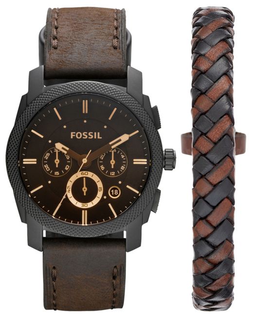 Fossil Machine Chronograph Dark Leather Watch and Bracelet Box Set 42mm