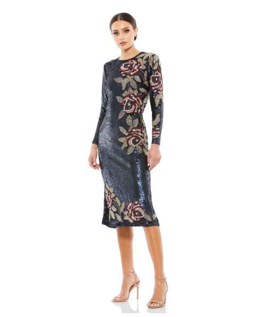 Mac Duggal Sequined Asymmetrical Long Sleeve Midi Dress