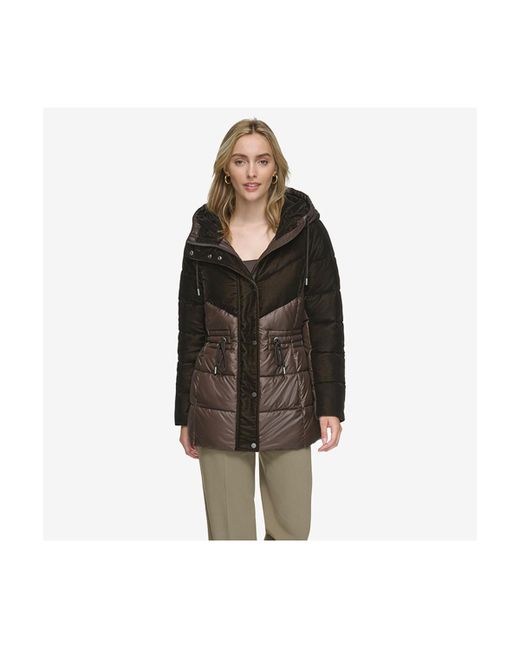 Andrew Marc Varna Velvet Mixed Quilted Puffer Jacket Within Attached Hood