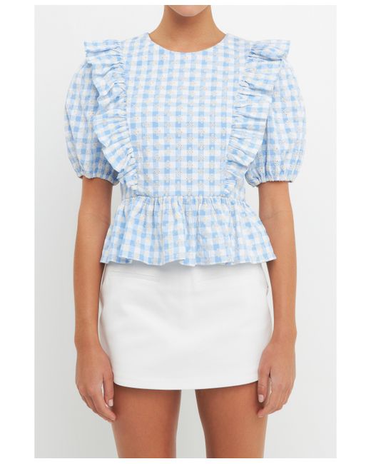 English Factory Embroidered Gingham Checked Ruffle Top