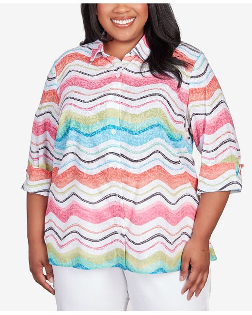 Alfred Dunner Plus Classic Brights Wavy Stripe Button Down Top