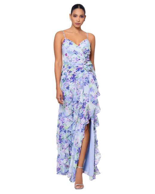 Xscape Floral-Print Rosette Ruffled Gown
