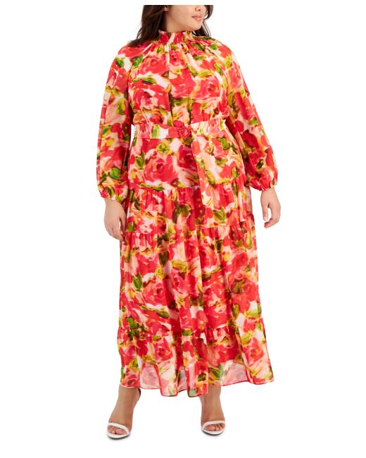 Taylor Plus Printed Belted Blouson-Sleeve Maxi Dress