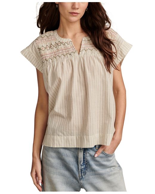 Lucky Brand Cotton Striped Smocked Popover Blouse