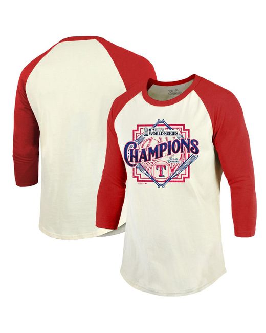 Majestic Threads Red Distressed Texas Rangers 2023 World Series Champions Raglan 3/4-Sleeve T-shirt