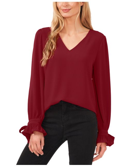 Cece Solid Long Sleeve V-Neck Tie Cuff Blouse