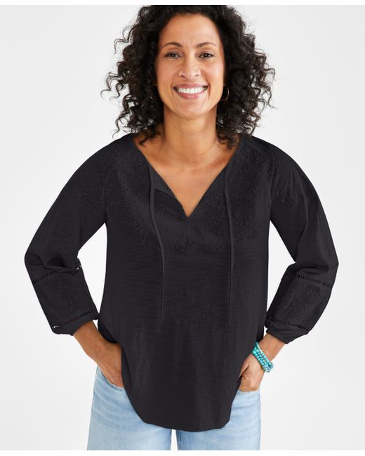 Style & Co Eyelet-Trim Tie-Neck Peasant Top Created for