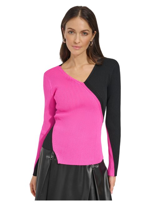 Dkny Ribbed Colorblocked Asymmetrical Sweater Black