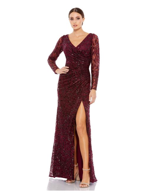 Mac Duggal Long Sleeve Ruched Sequined V-Neck Gown